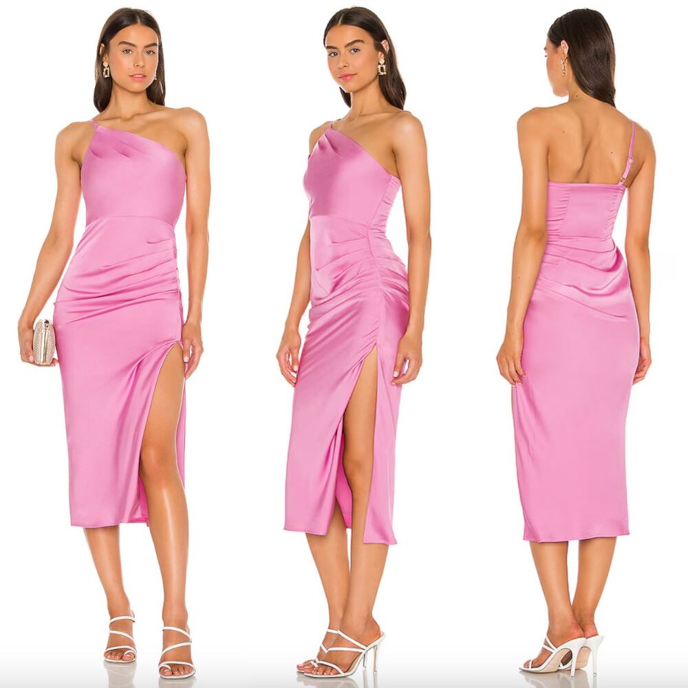Lovers and Friends | NWT Amina Midi Dress in Pink Satin One Shoulder XS